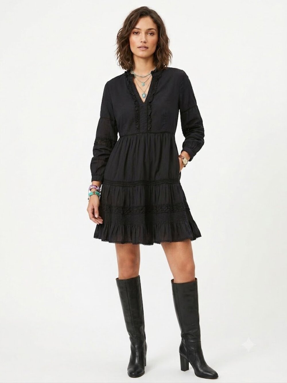 Sundance Catalog Bromlee Ruffle Tiered Black Dress with Pockets Size S